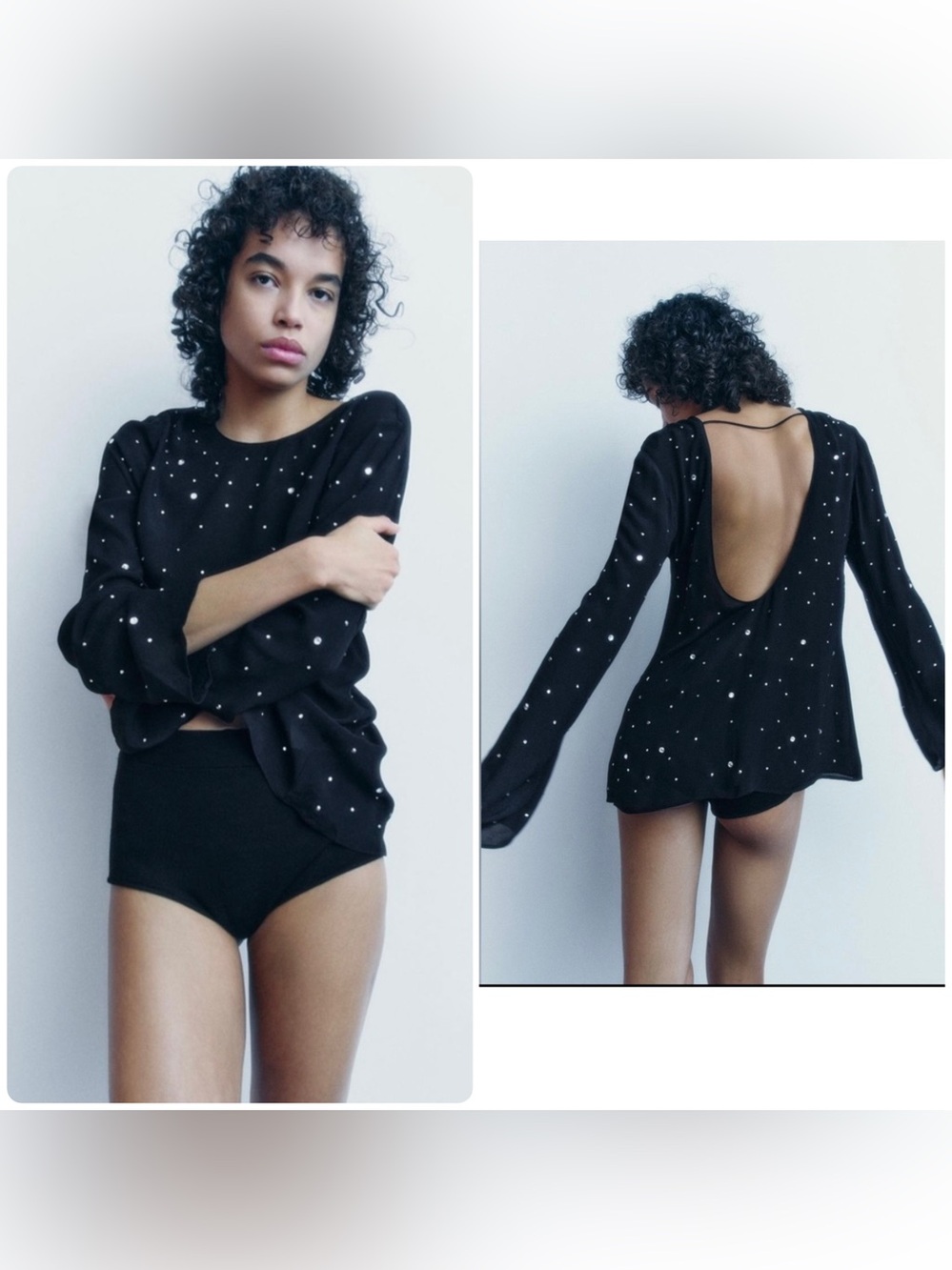 Zara sparkly black studded open back long sleeve top sz.S